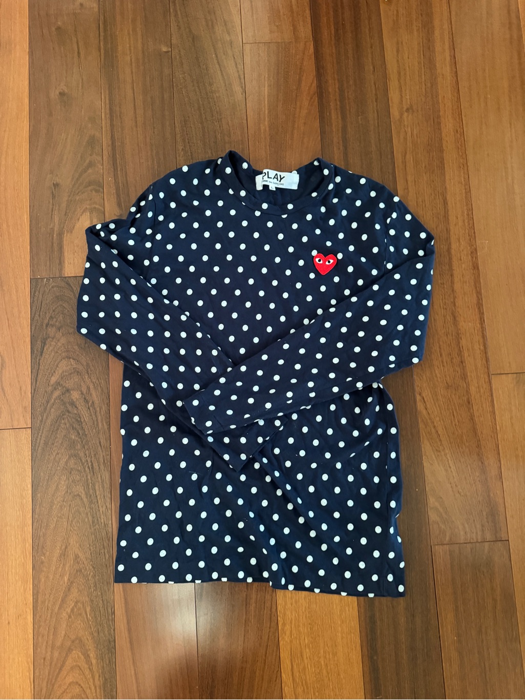 Comme Des Garons Play Navy Polka Dot Tee With Red Heart Patch
